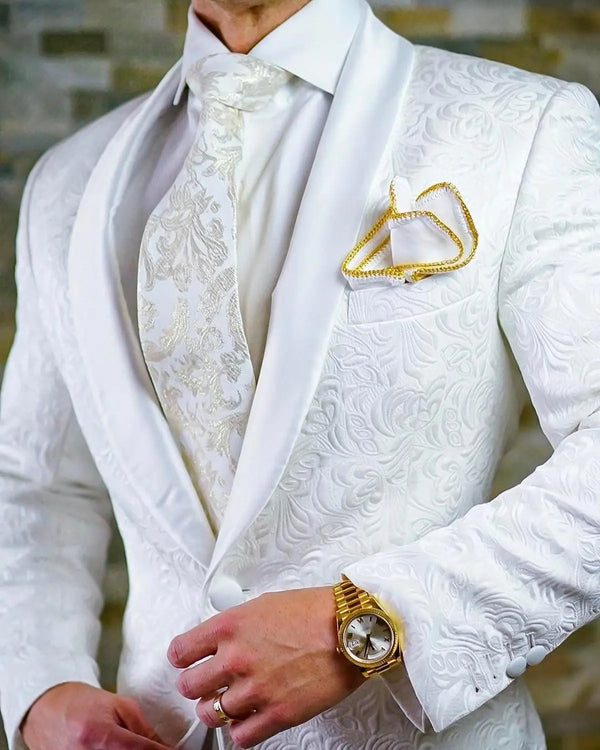 Elegant White Jacquard Wedding Suit Set for Men